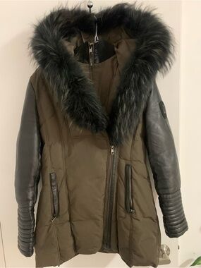Olive Hooded Puffer Coat with Black Fur Trim and Leather Sleeves